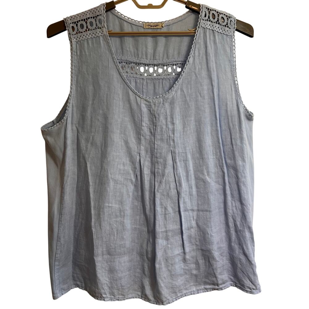 Lungo L'arno Made in Italy Light Blue Linen Sleeveless Top Crochet Lace XL 1X